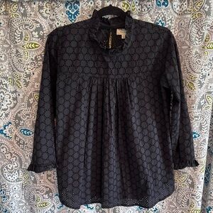 Tribe Alive Black Pleated Blouse with Mandarin Collar